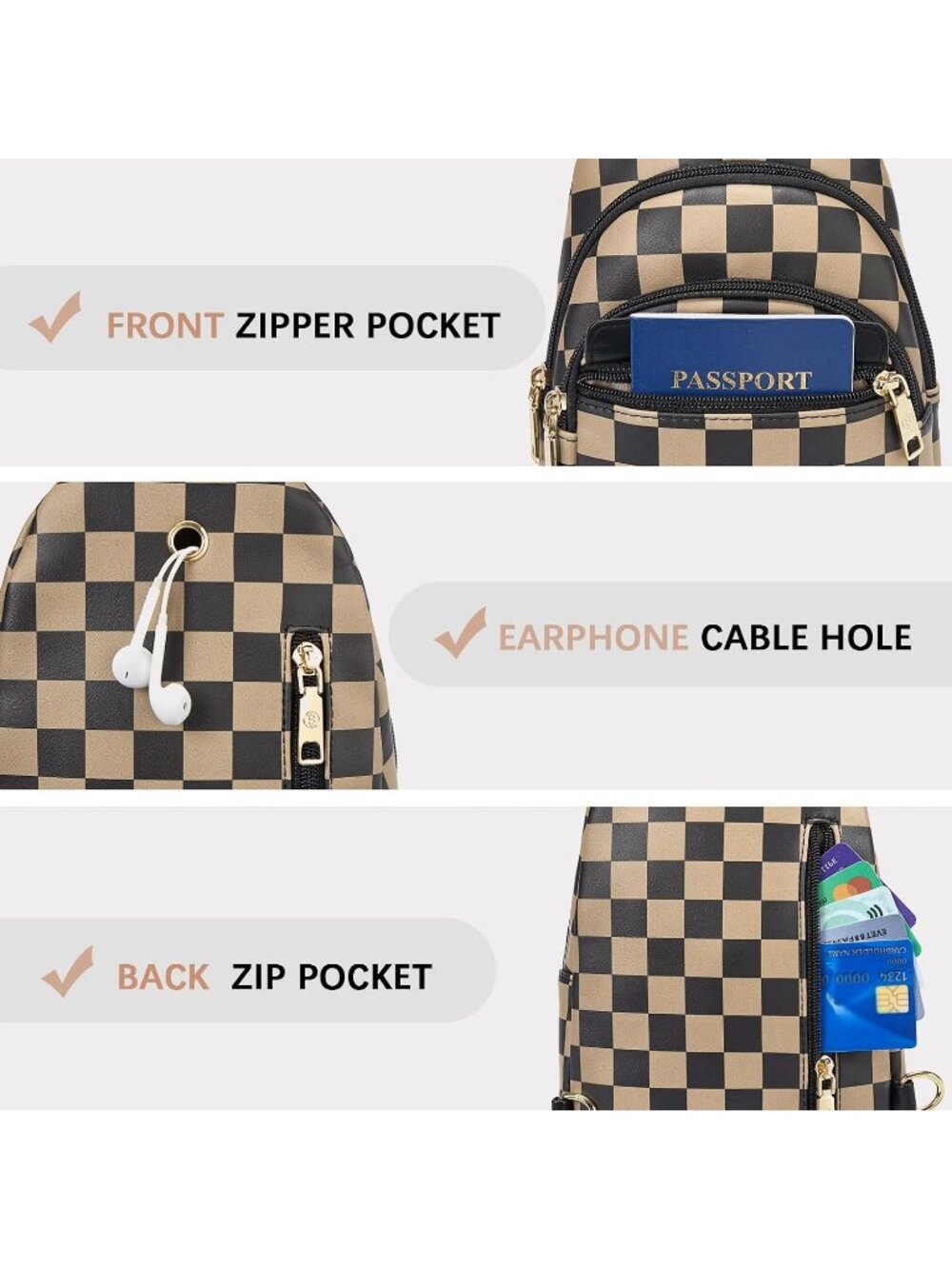Women's Checkered Coffee Leather Sling Fanny Pack Chest Travel Purse Crossbody B - Picture 5 of 6